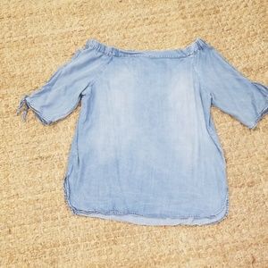 Chambray off the shoulder top with tie sleeves